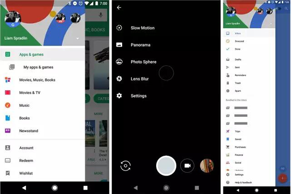 從左到右分別是 Play Store，Google Camera 及 Inbox