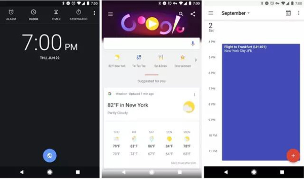 從左到右分別是 Clock，Google 和 Google Calendar